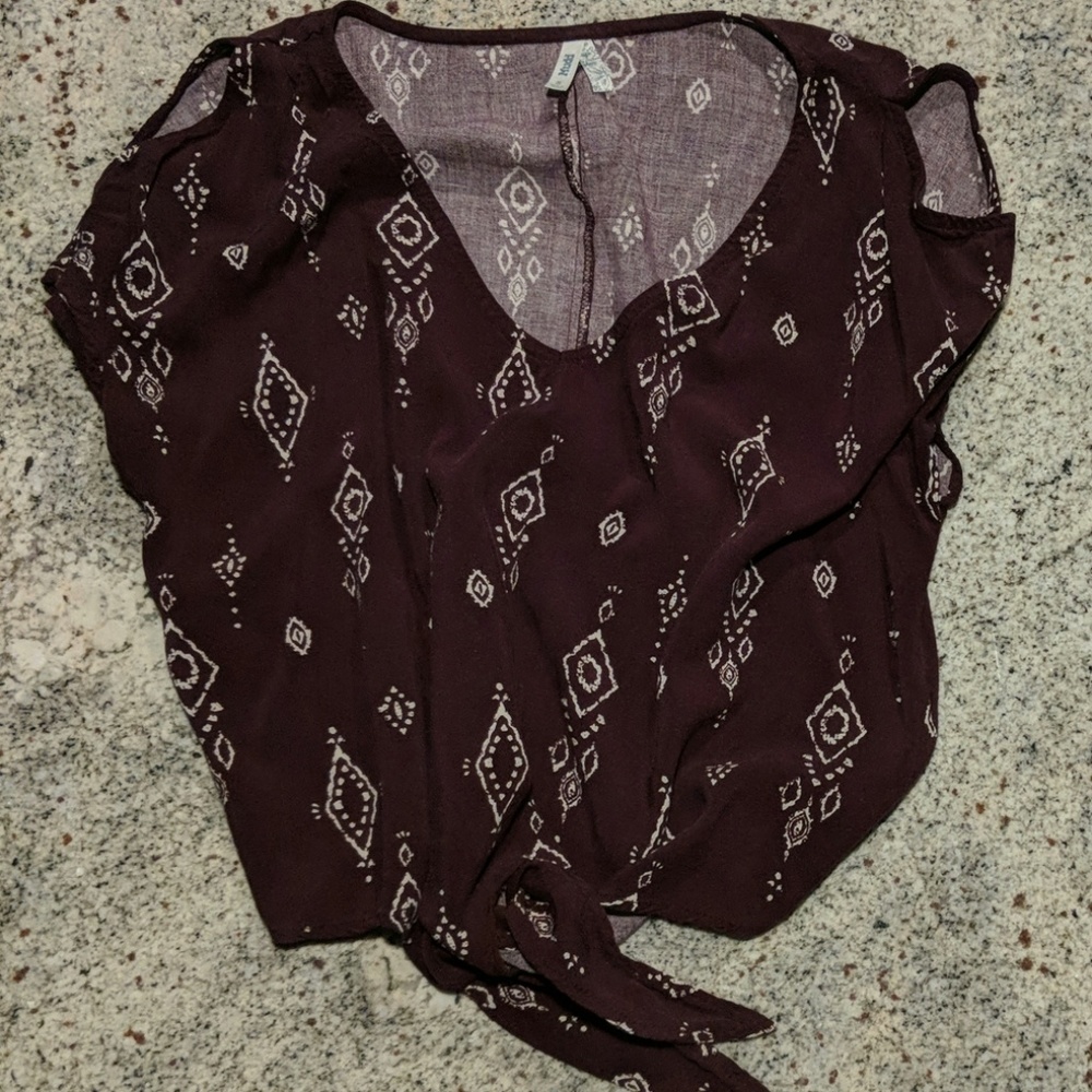 Plum Tie-Front Crop Top/Open Shoulders